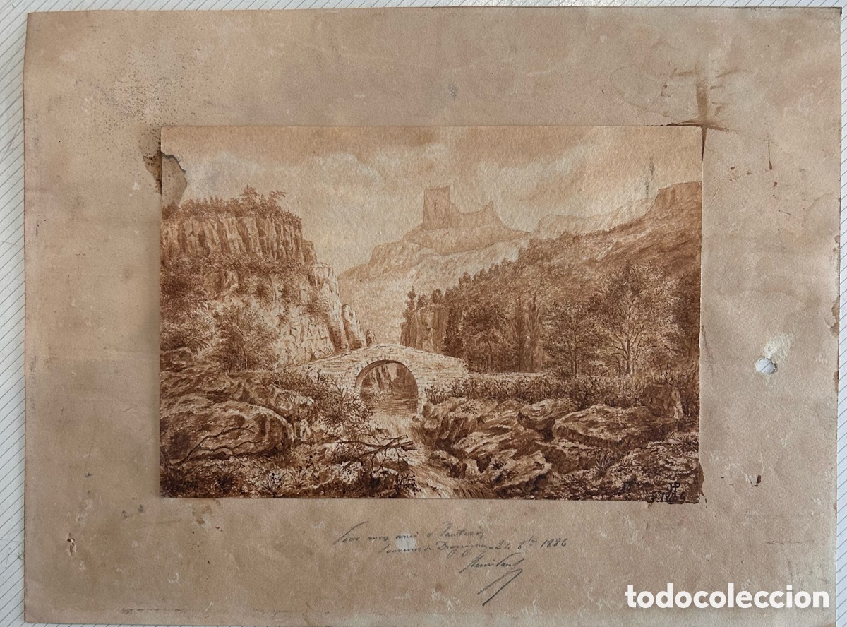 Art: Paisaje pirenaico con puente de piedra &ndash; obra original fechada en 1886