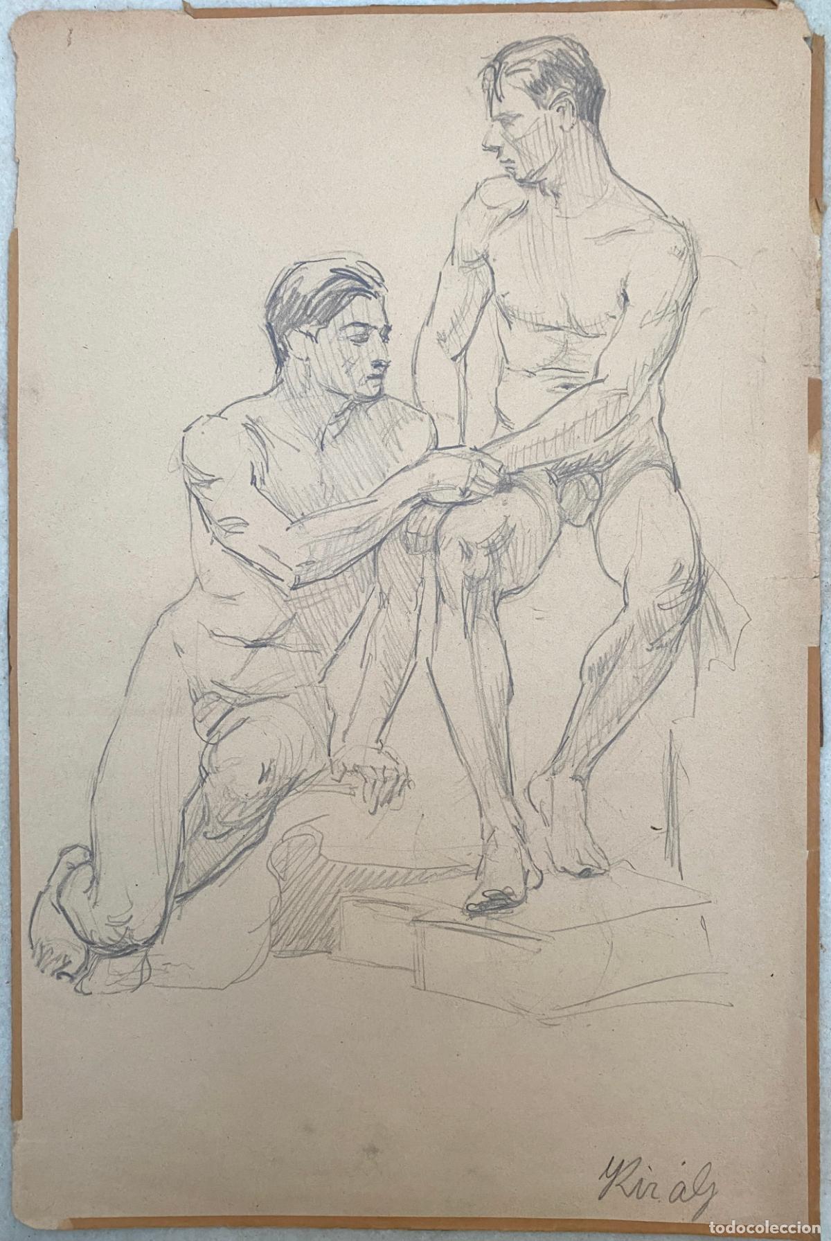 Arte: KIRALY, M. Desnudo acad&eacute;mico de dos hombres. Siglo XX. Europa central.