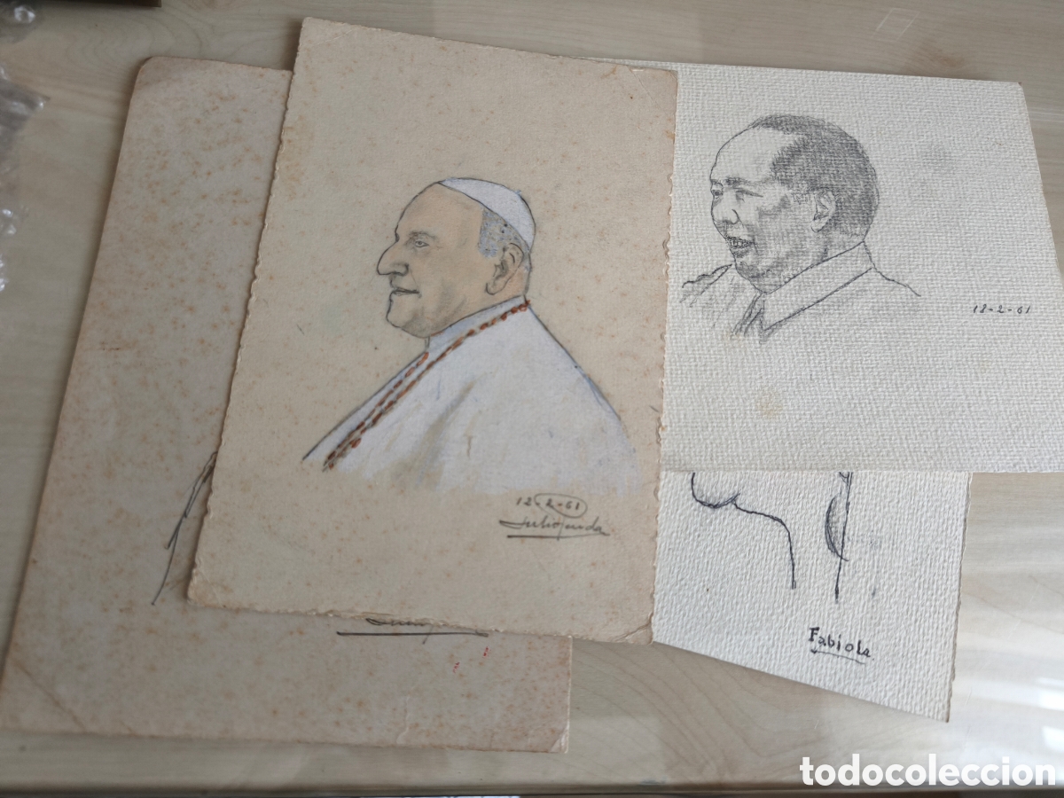 Arte: Cuatro dibujos de Julio Pereda. A&ntilde;os 60, Fabiola, Juan XXIII, Pio XII y Mao