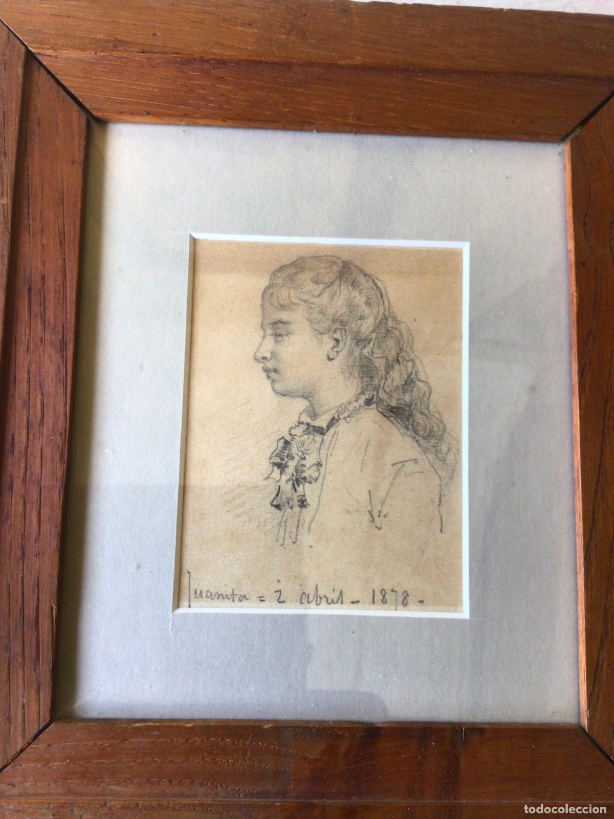 Arte: ANTIGUO DIBUJO A PLUMILLA Y LAPIZ , FIRMADO 1878 , RETRATO DE JUANITA