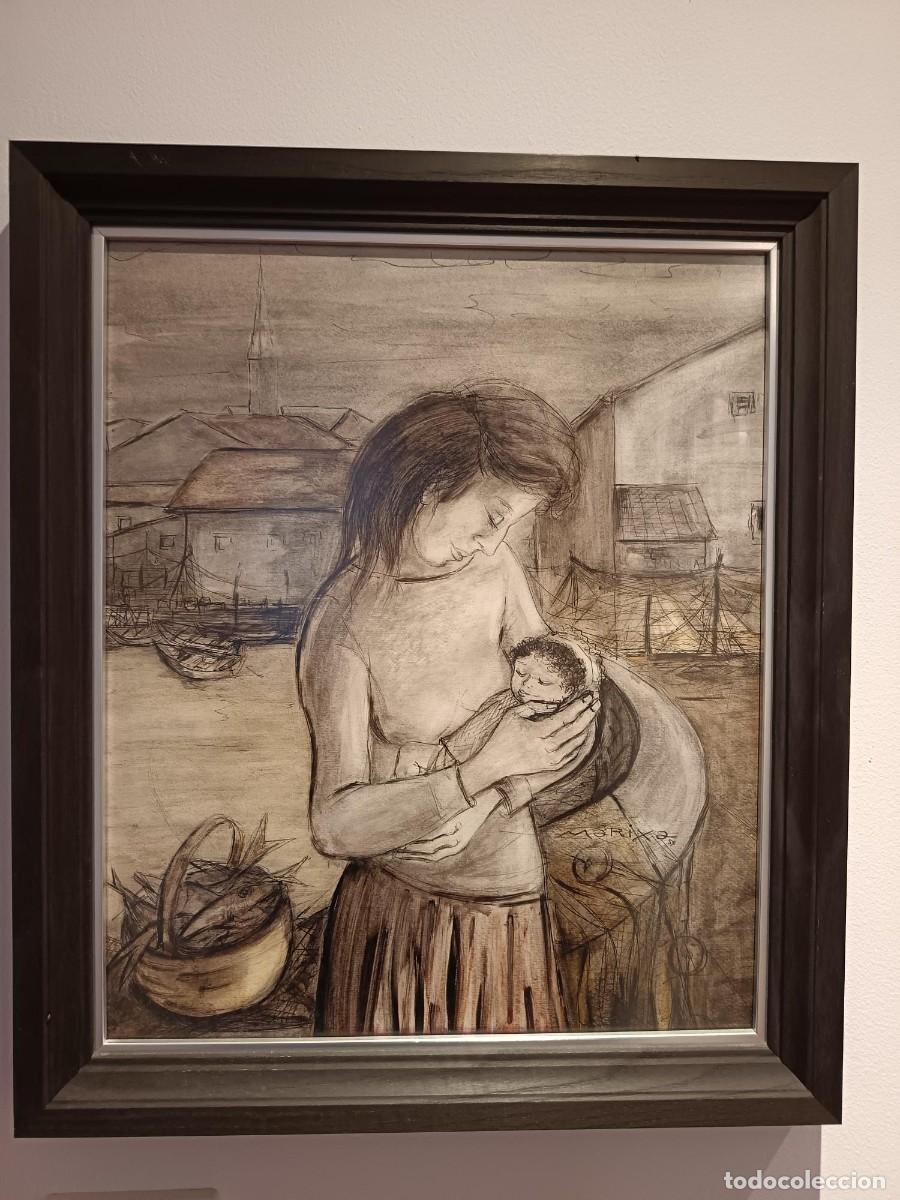 Arte: Marixa (1914-1995) - Oviedo. Asturias. Maternidad en el Puerto. Tinta y acuarela 1954. 54x44 cm