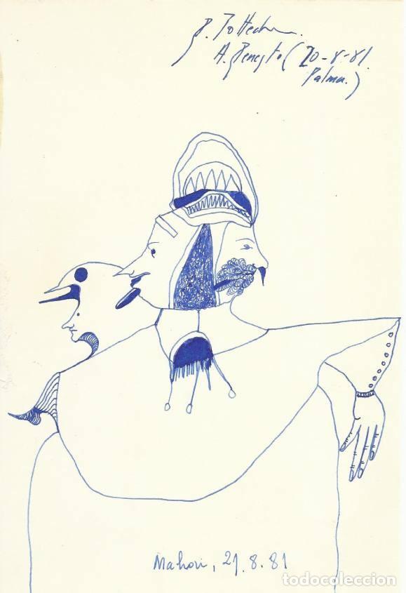 Arte: Antonio Beneyto. Dibujo a tinta sobre papel. Surrealismo. Firmado a mano. 21x14 cm. 1981. Mah&oacute;n.