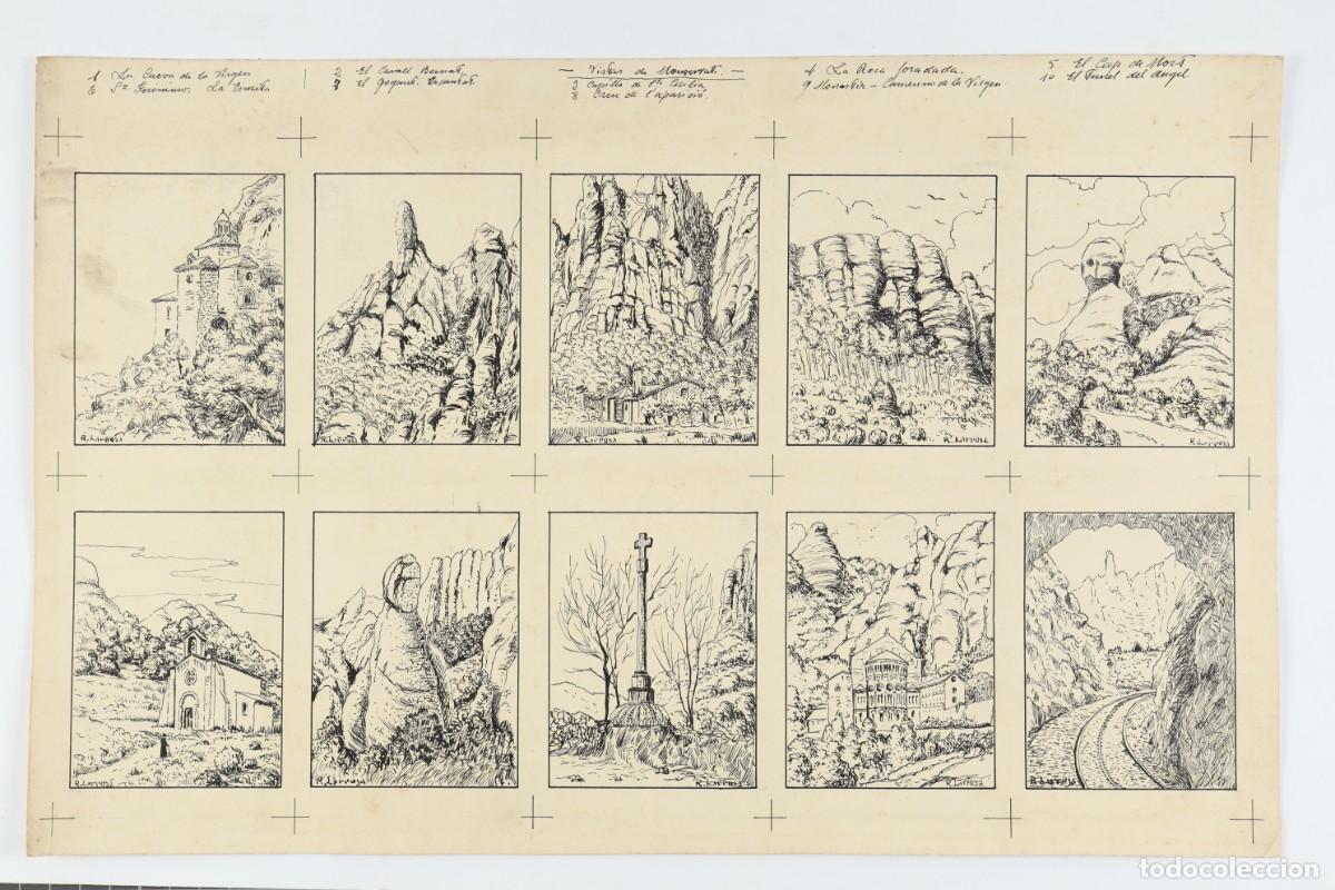 Arte: Vistas de Montserrat. Colecci&oacute;n de 10 dibujos originales para cromos