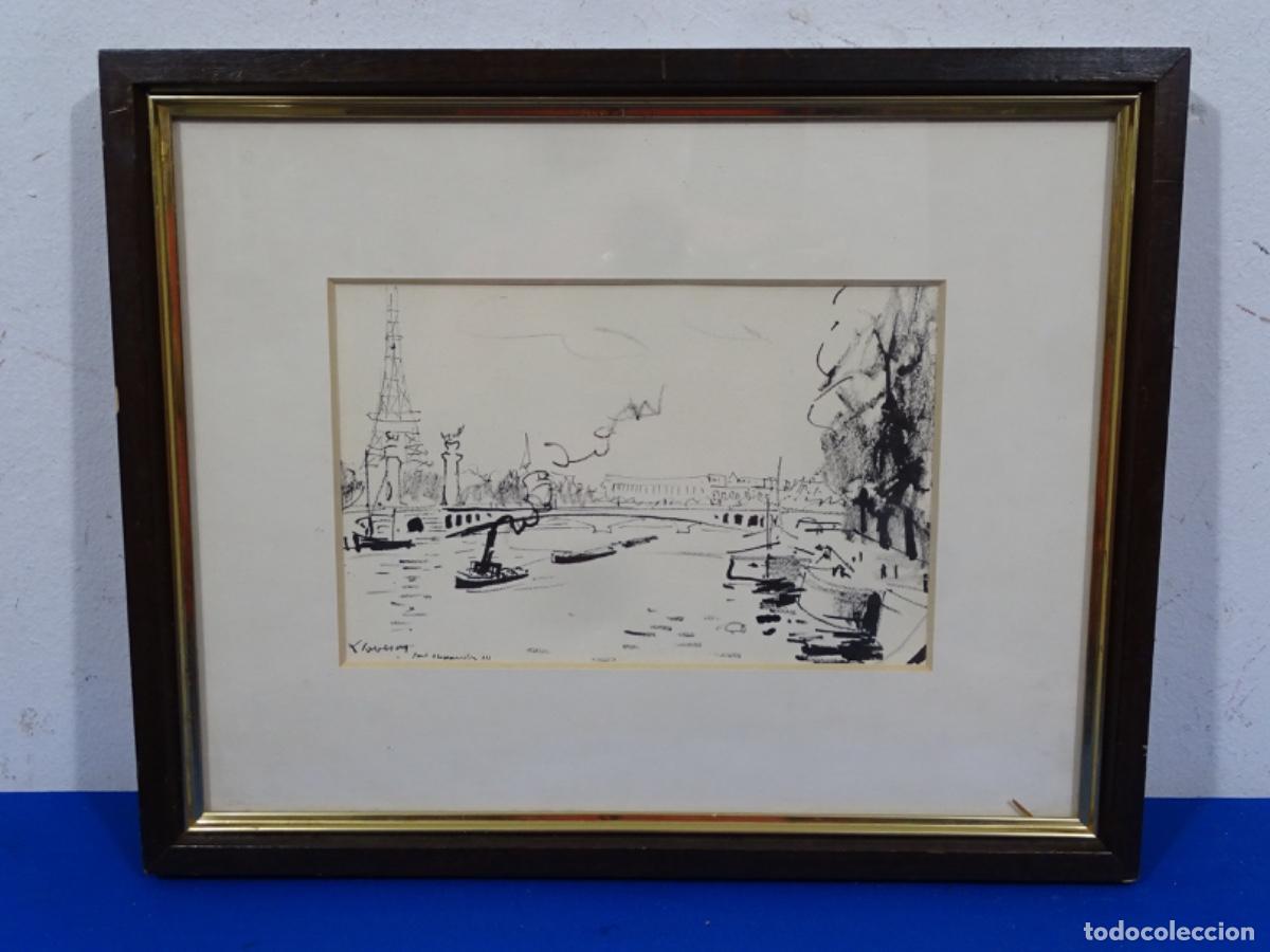 Arte: DIBUJO TINTA FREDERIC LLOVERAS. PUENTE ALEXANDRE III SOBRE EL SENA EN PARIS.