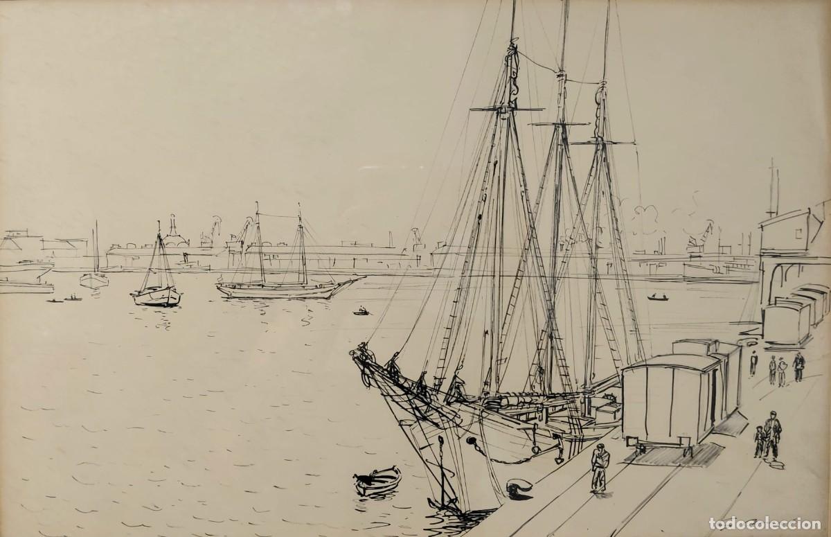 Arte: Gabriel Amat Pag&egrave;s (1899-1984). Puerto. Tinta sobre papel.