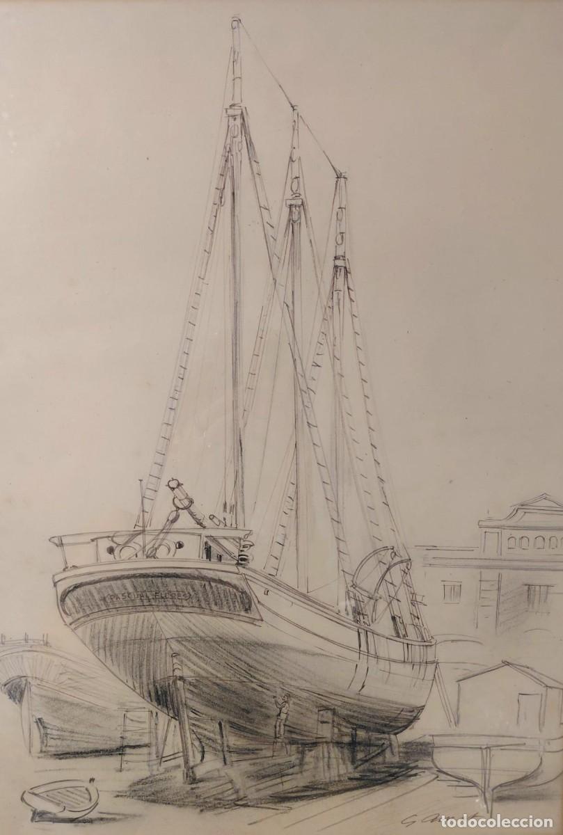 Arte: Gabriel Amat Pag&egrave;s (1899-1984). Ilustraci&oacute;n de barco. T&eacute;cnica mixta sobre papel.