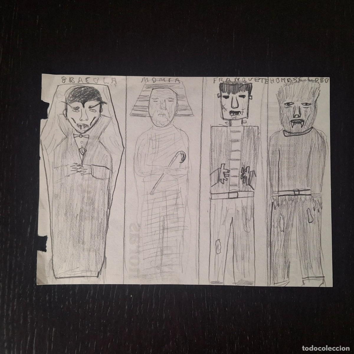 Arte: ANTIGUO DIBUJO A LAPIZ DE MONSTRUOS DRACULA MOMIA FRANKENSTEIN HOMBRE LOBO - A&Ntilde;OS 70