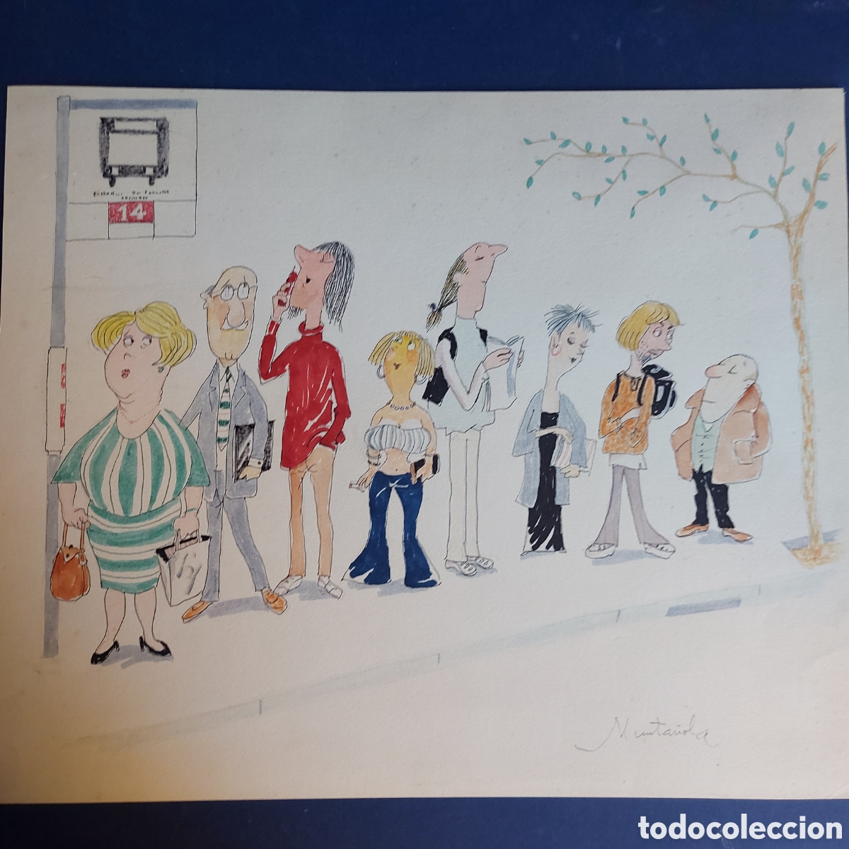Arte: MUNTA&Ntilde;OLA &rdquo;DIFERENTES PERSONAJES ESPERANDO EL BUS&rdquo; VI&Ntilde;ETA SATIRICA
