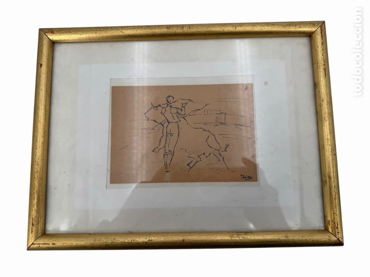 Arte: Antiguo dibujo de Torero Firmado y enmarcado