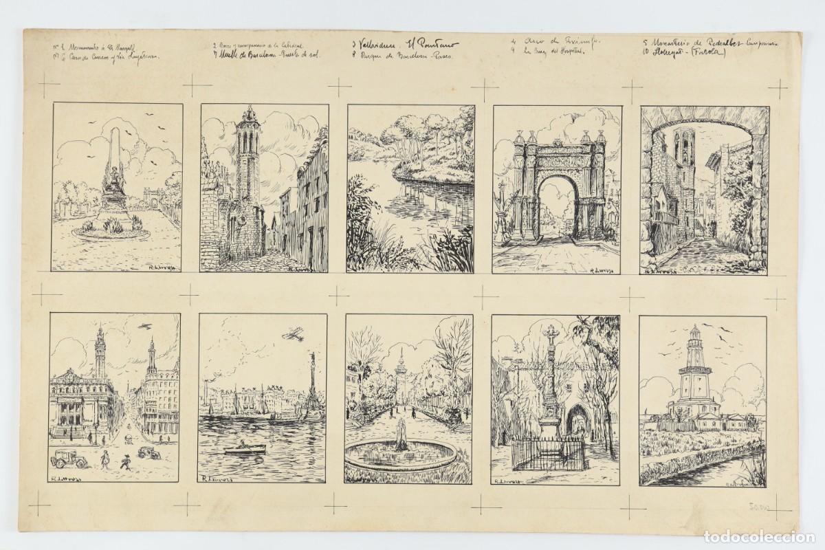 Arte: Vistas de Barcelona. Colecci&oacute;n 10 dibujos originales para cromos