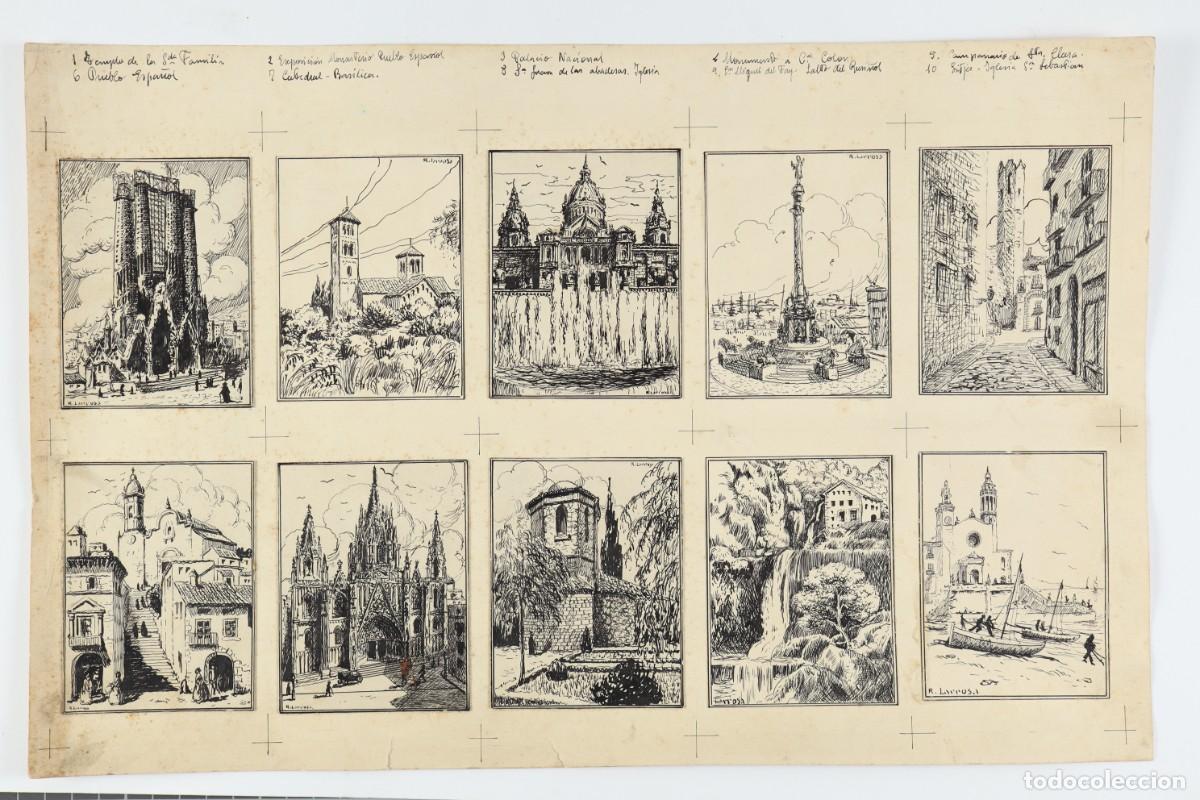 Arte: Vistas de Barcelona. Colecci&oacute;n 10 dibujos originales para cromos