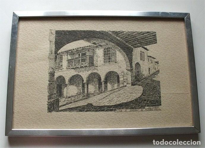 Arte: El Cuzco. Casa de Gonzalo de Pizarro. Dibujo a tinta de Arnoldo Michaelsen. Enmarcado