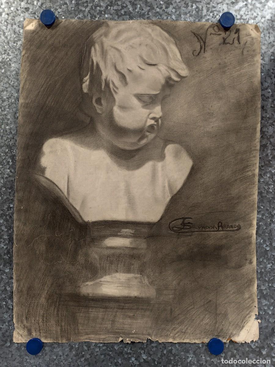 Arte: DIBUJO A CARBON ORIGINAL BUSTO CLASICO NI&Ntilde;O - ALUMNO DE BELLAS ARTES, SALVADOR ARANDA, A&Ntilde;O 1919-20