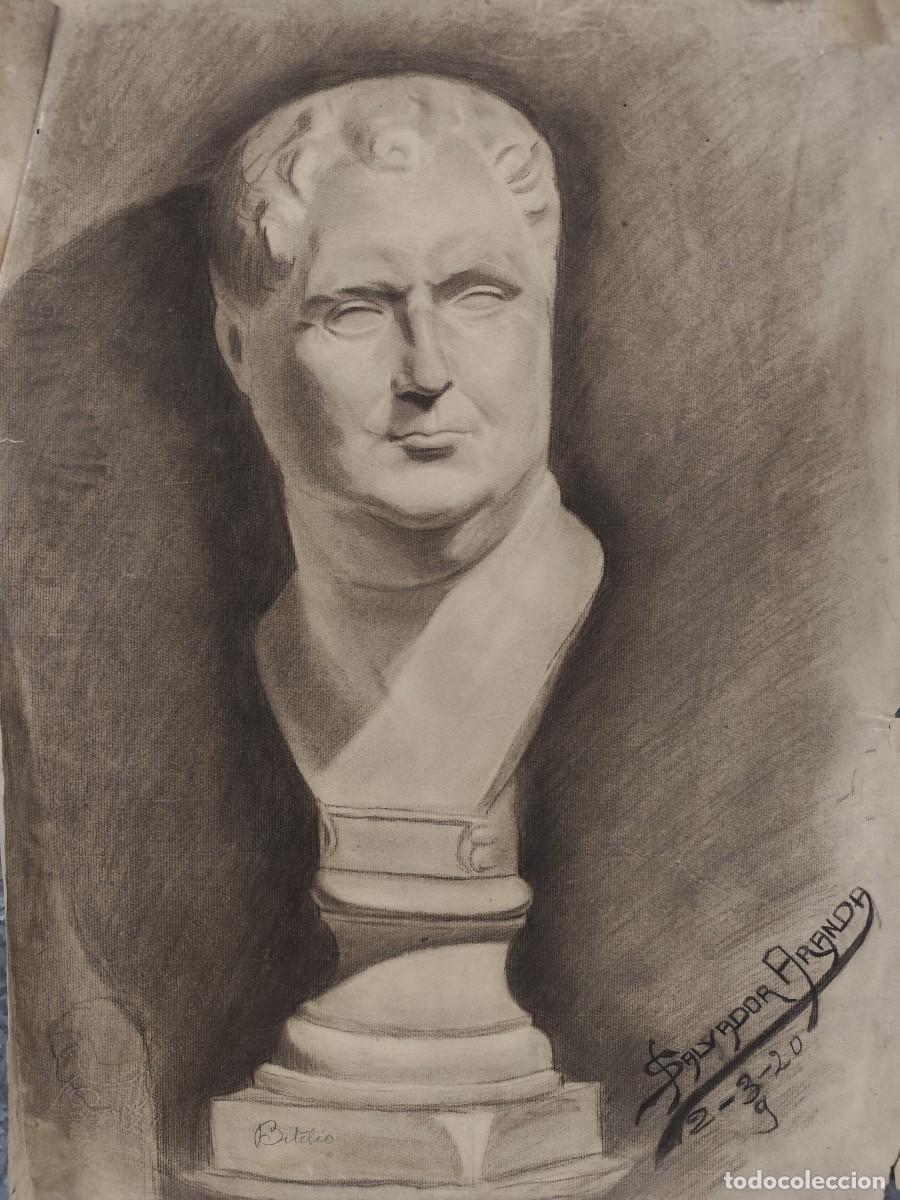 Arte: DIBUJO A CARBON ORIGINAL BUSTO AULO VITELIO - ALUMNO BELLAS ARTES, SALVADOR ARANDA, A&Ntilde;O 1919-20