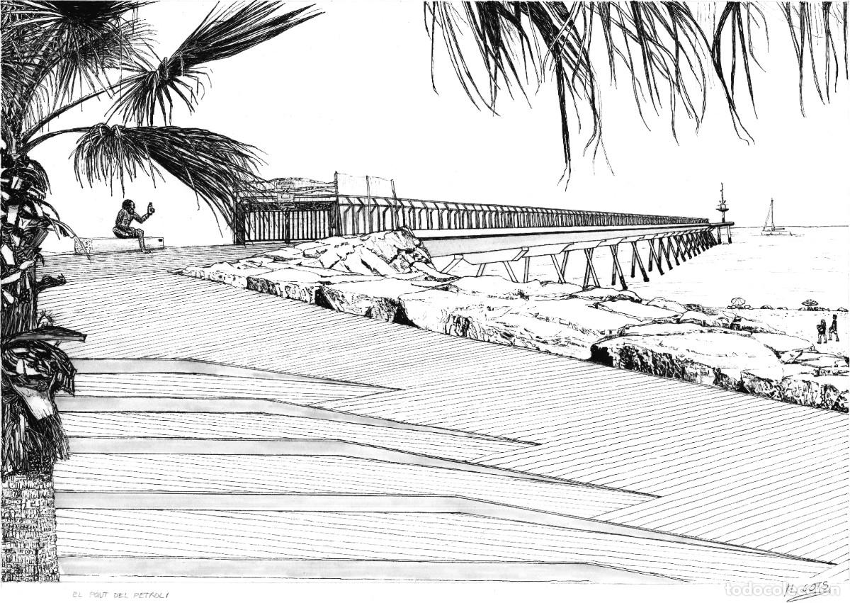 Arte: DIBUJO A TINTA EL PONT DEL PETROLI DE BADALONA' Reproducci&oacute;n firmada M. Cots