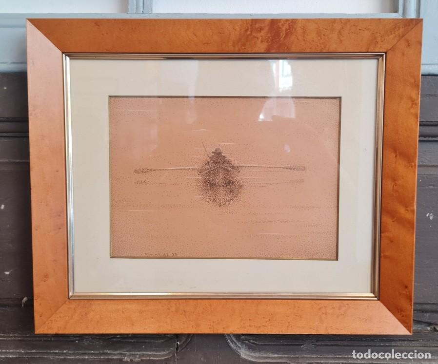 Arte: Dibujo a plumilla puntillista &rdquo;Remero en la bruma&rdquo; Firma Miranda, fechado 1978