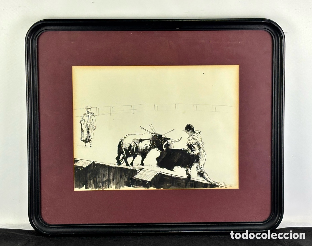 Arte: JOSEP NAVARRO VIVES - DIBUJO A TINTA, A&Ntilde;O 1957 - ESCENA TAURINA