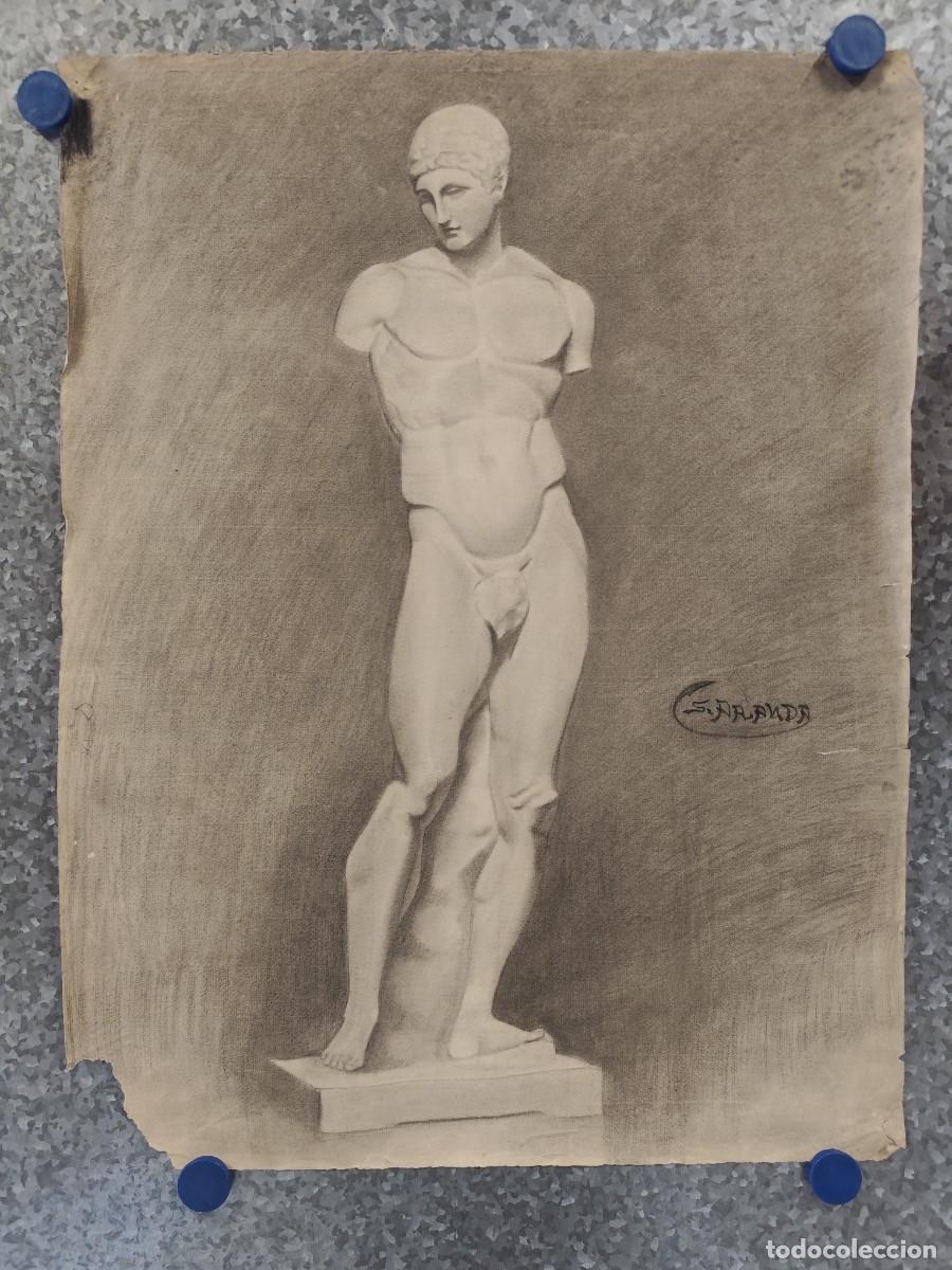 Arte: DIBUJO A CARBON ORIGINAL ESCULTURA HOMBRE DESNUDO, ALUMNO BELLAS ARTES, SALVADOR ARANDA, A&Ntilde;O 1919-21