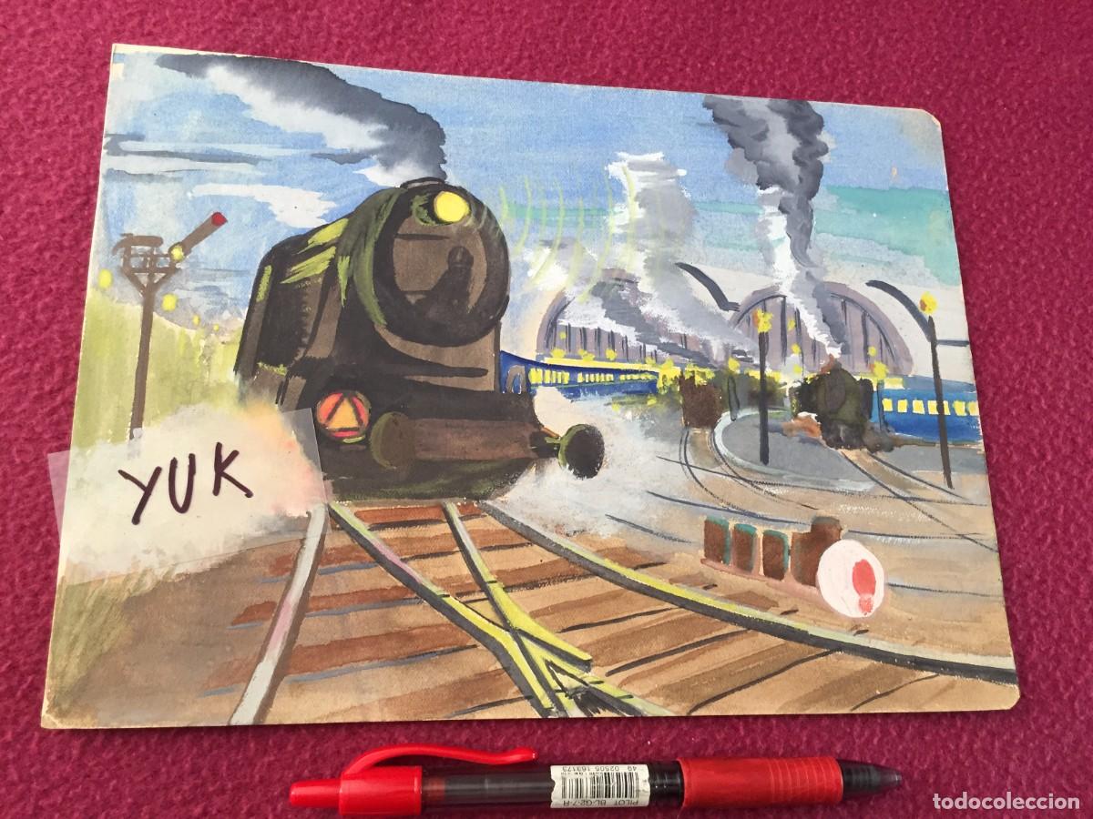 Arte: DIBUJO DE UN TREN &rdquo; EL VALENCIANO &rdquo; SALIENDO DE LA ESTACION DE FRANCIA DE BARCELONA 1949