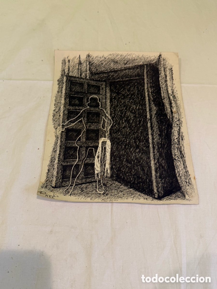 Arte: Dibujo original de Carles Prun&eacute;s &ndash; 1952 &ndash; Figura ante una puerta, obra firmada