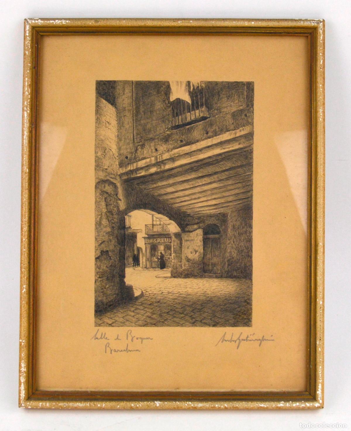 Arte: Rinc&oacute;n de Barcelona, Calle de Boquer, Ciutat Vella, dibujo sobre papel, firma ilegible.