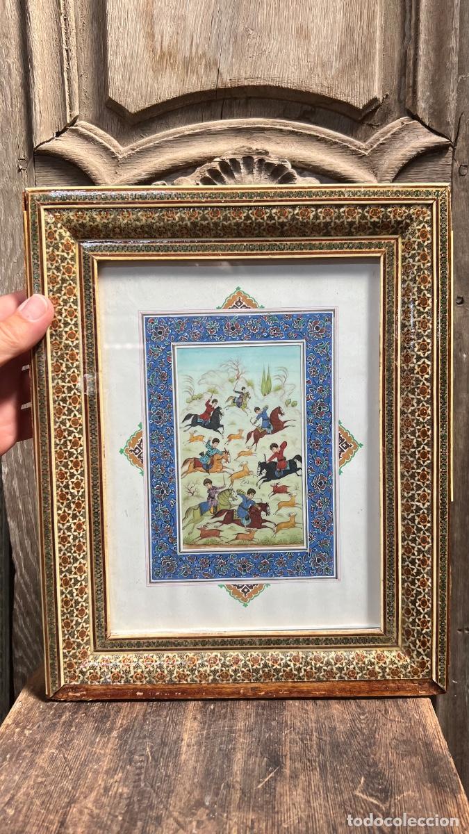 Arte: Miniatura indo persa sobre material escenas de caza con arco a caballo gouache mitad s XX 31,5x26cms