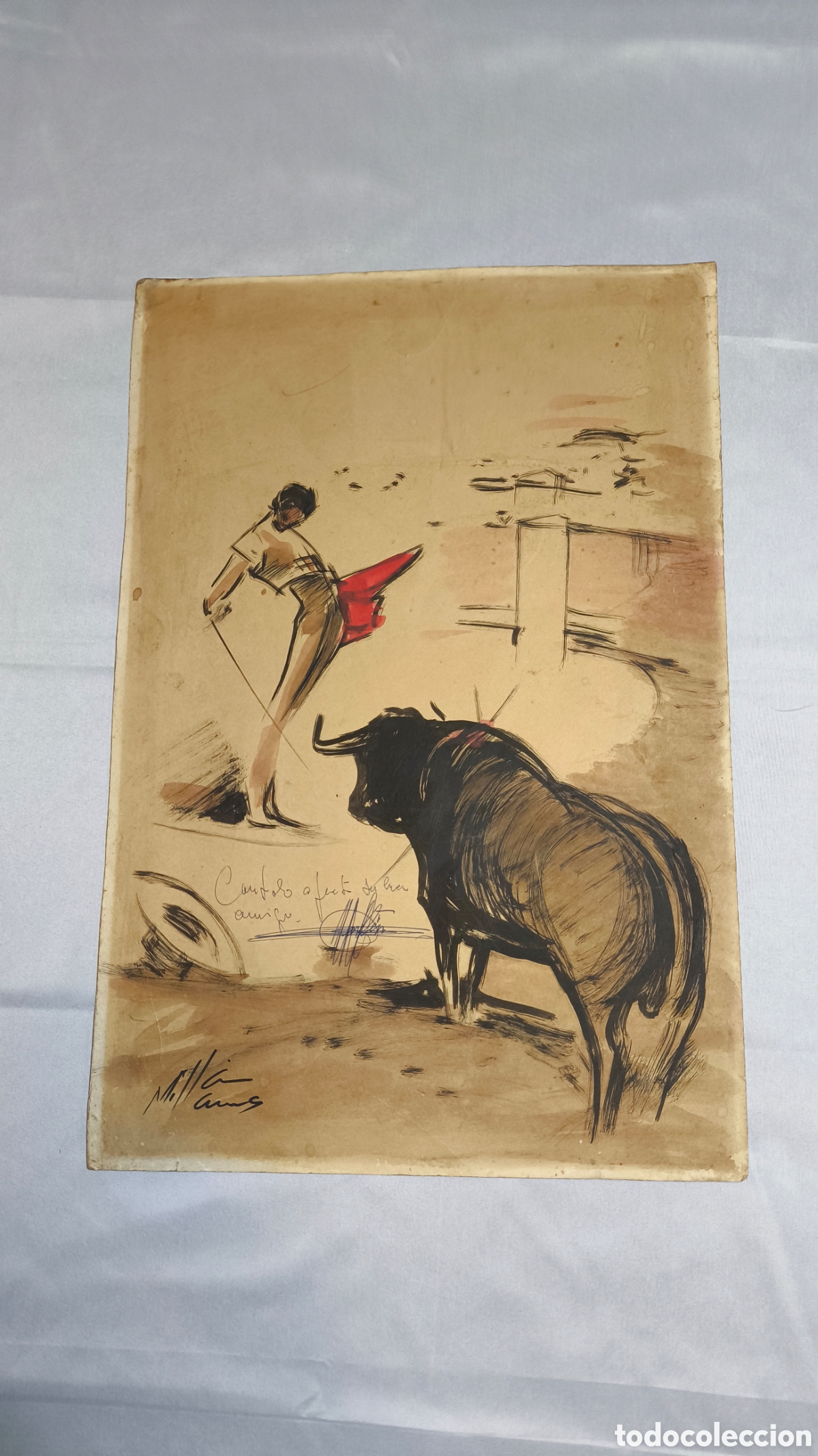 Arte: Dibujo taurino original, tinta y acuarela, firmado Mill&aacute;n Llamas