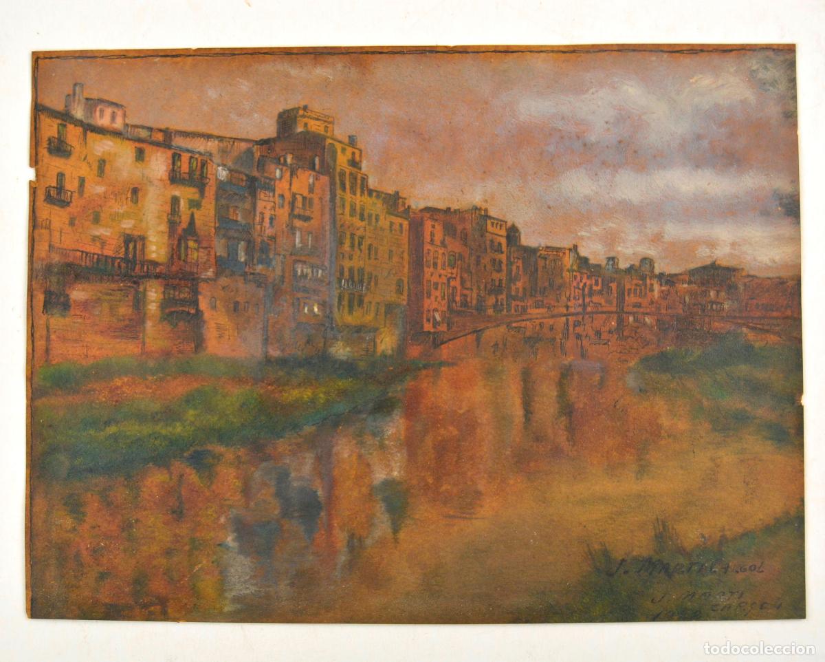 Arte: Vista de Girona, t&eacute;cnica mixta sobre papel, firmada J. Mart&iacute; Cargol. 24x18cm