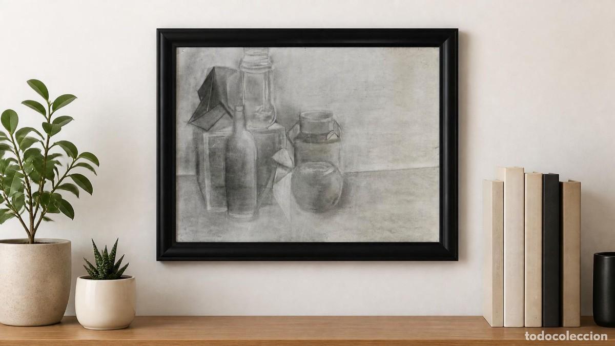 Kunst: BODEG&Oacute;N A CARBONCILLO &rdquo;BOTELLAS Y TARROS&rdquo; FIRMADO LUISA GREDILLA - REF. B618 - MARCO MADERA NEGRA