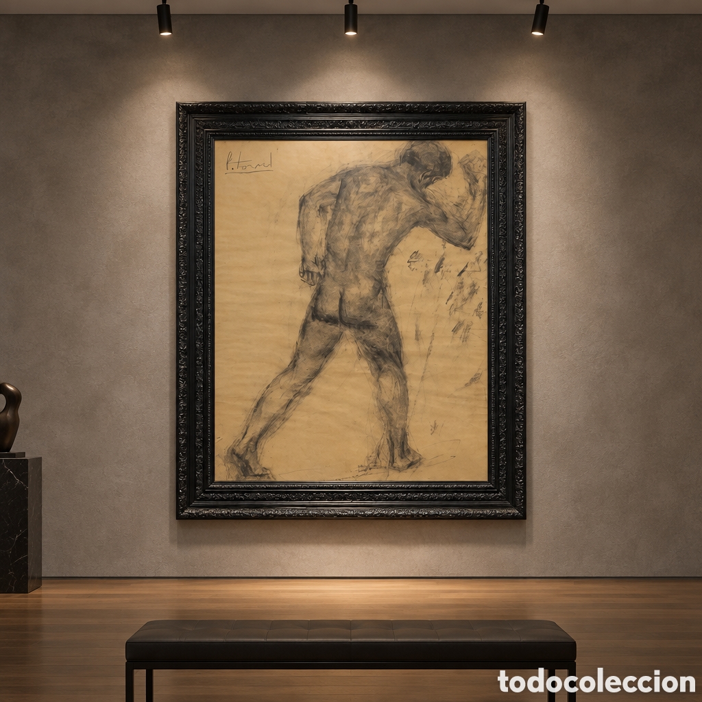 Arte: DESNUDO MASCULINO DE ESPALDAS - CRISTOBAL TORAL (1940 - ...) - DIBUJO A CARBONCILLO.