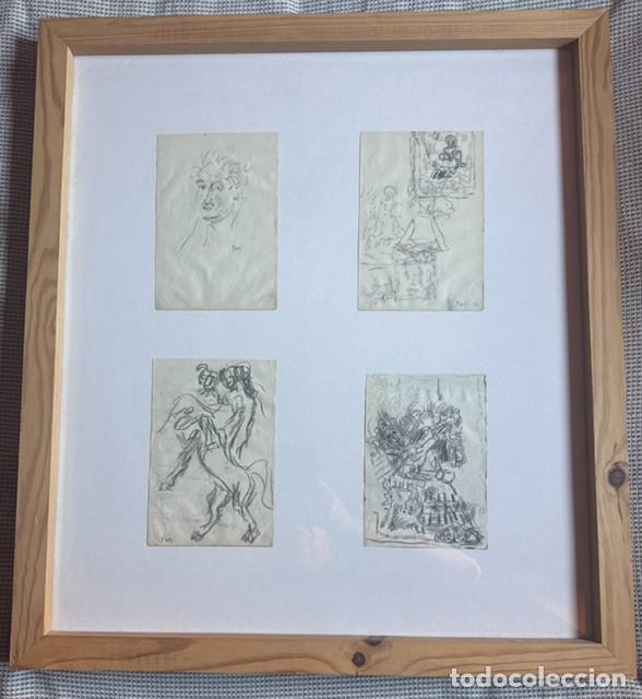 Arte: Pedro Flores. 4 dibujos originales a l&aacute;piz, firmados por el artista. Enmarcados juntos.