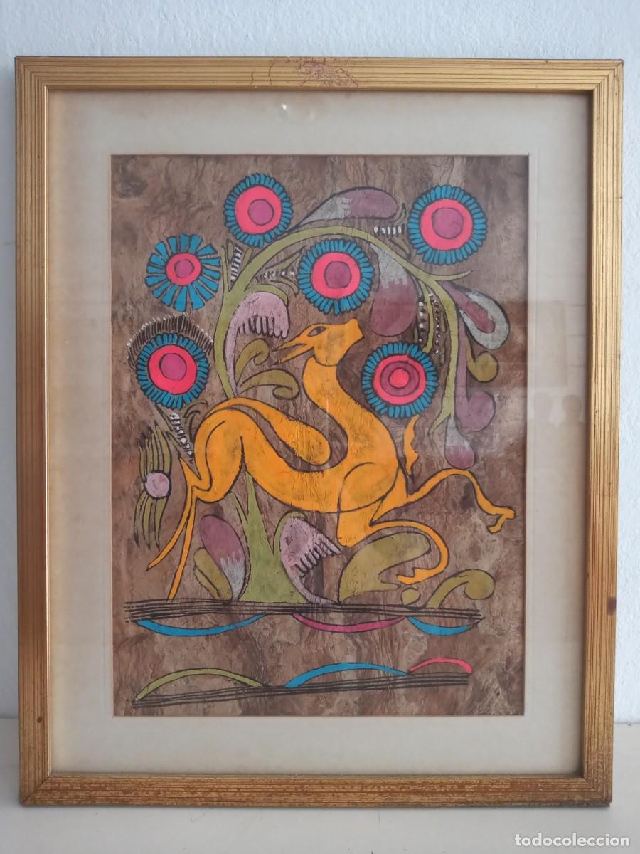 Arte: PINTURA TRADICIONAL MEXICANA SOBRE PAPEL AMATE CORTEZA ARTESAN&Iacute;A CON MARCO 40X32CM