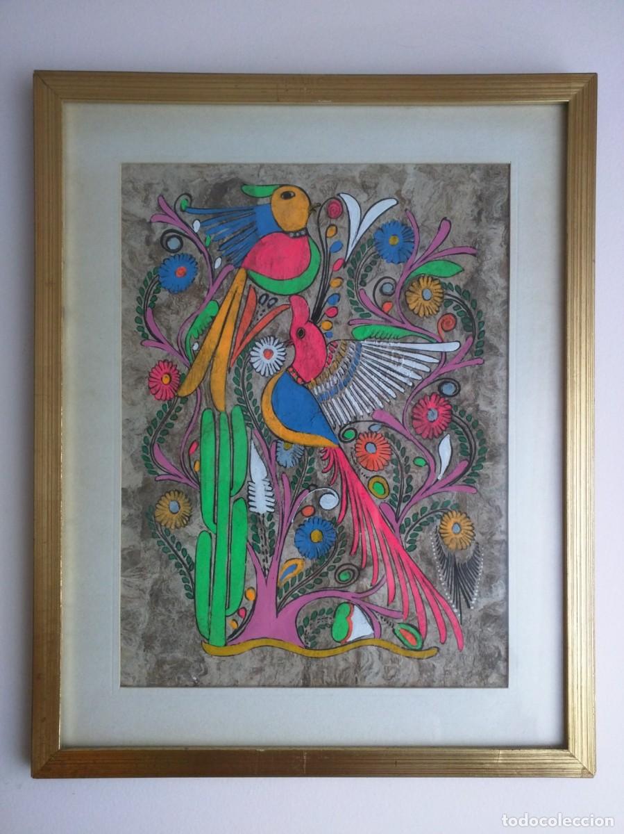 Arte: PINTURA MEXICANA SOBRE PAPEL AMATE ARTESAN&Iacute;A AVES Y FLORES CON MARCO 40X32CM