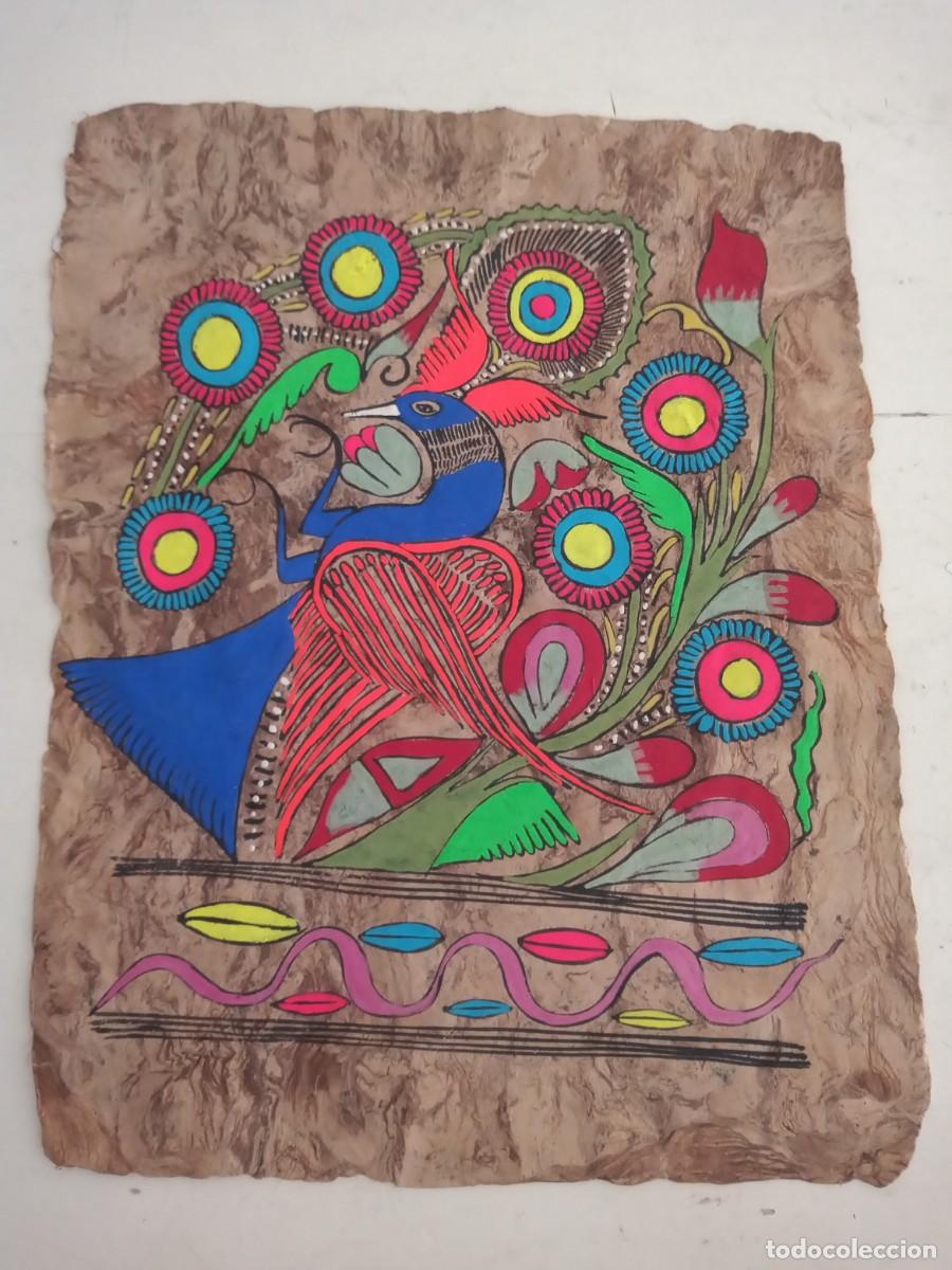 Arte: L&Aacute;MINA MEXICANA ORIGINAL PAPEL AMATE ARTESAN&Iacute;A P&Aacute;JARO Y FLORES 35.4X28CM SIN ENMARCAR