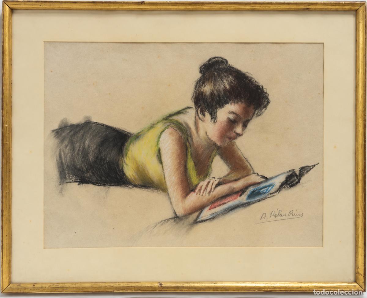 Art: RAM&Oacute;N RIBAS RIUS (BARCELONA, 1903-1983) TECNICA MIXTA SOBRE PAPEL D MEDIADOS DEL S.XX. JOVEN LEYENDO