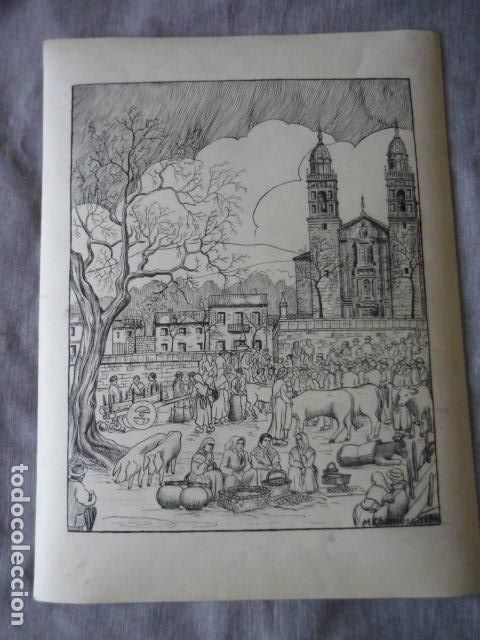 Arte: MANUEL CHAMOSO LAMAS DIBUJO A PLUMILLA 1954 PADRON LA CORU&Ntilde;A FERIA EN EL SANTUARIO DE LA ESCLAVITUD