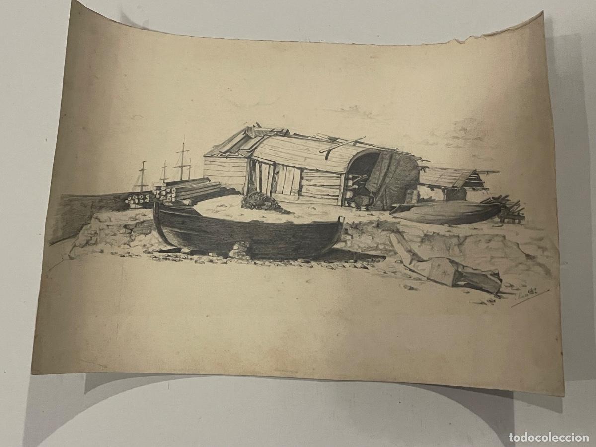 Arte: BARCELONA - PLAYA BARCELONETA - ANTIGUO DIBUJO A LAPIZ- BARRACAS , BARCAS MARZO 1862 - 47,5X32 CM.
