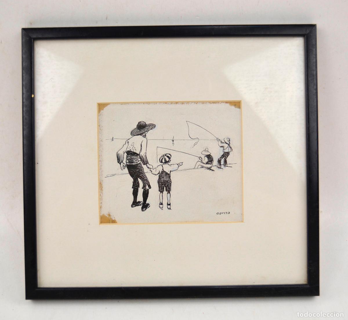 Arte: Alfredo Opisso, ni&ntilde;os pescando, dibujo sobre papel, firmado.