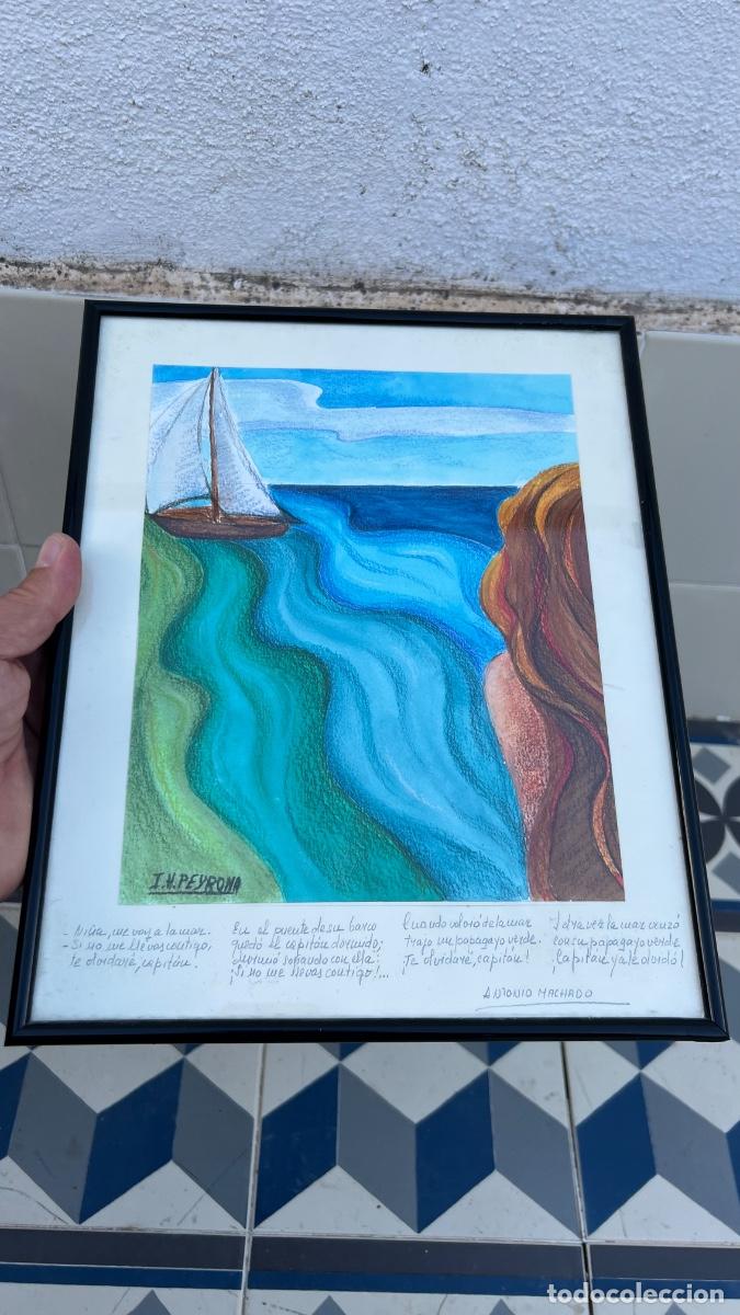 Arte: Dibujo l&aacute;piz poema Antonio Machado ni&ntilde;a me voy a la mar 30cms firma peyrona