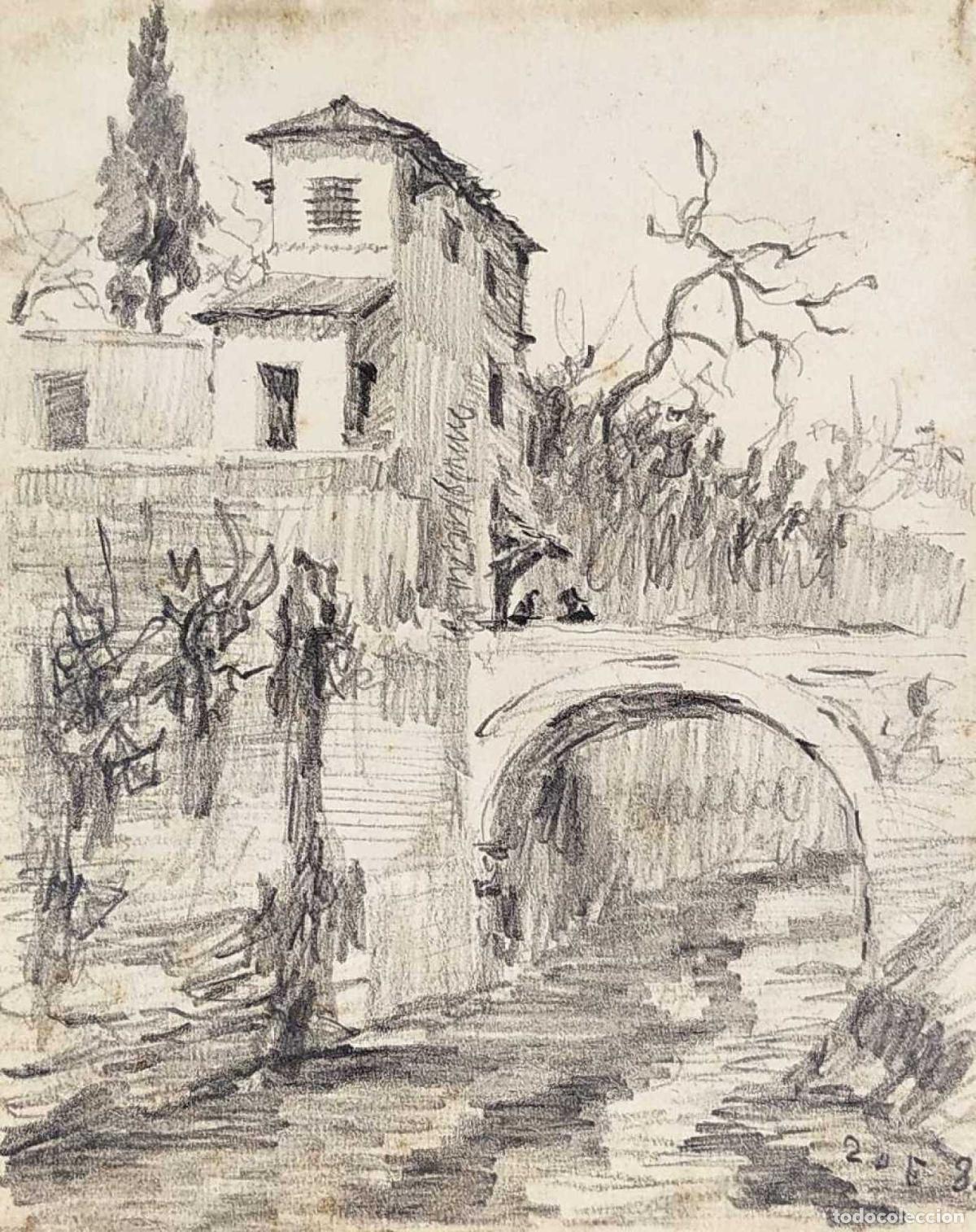 Art: CASAS Y PUENTE ANTIGUOS. GRAFITO SOBRE PAPEL. JULI&Aacute;N DEL POZO (?). ESPA&Ntilde;A1884 (?)