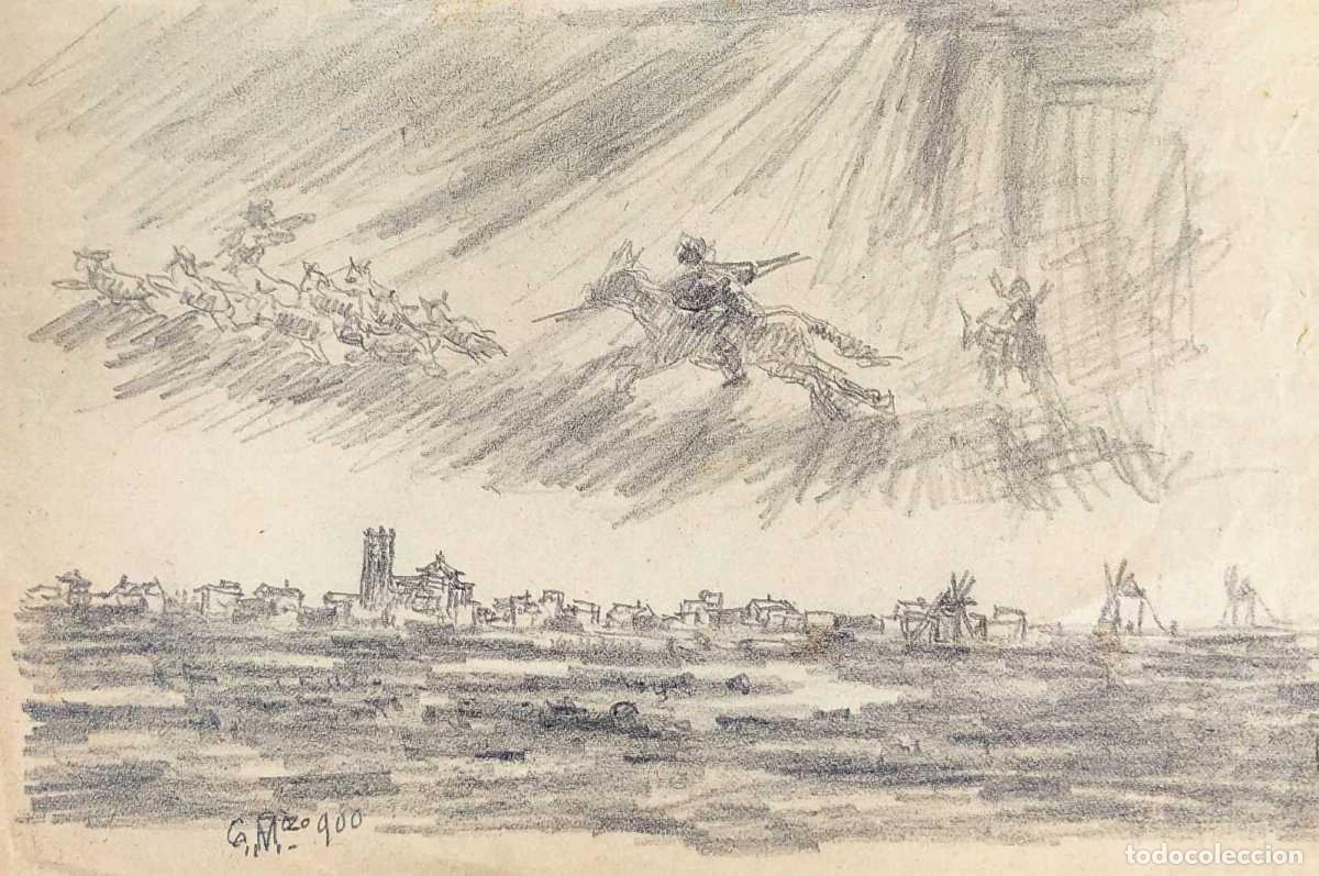 Art: ALEGOR&Iacute;A DEL QUIJOTE. GRAFITO SOBRE PAPEL. JULI&Aacute;N DEL POZO (?). ESPA&Ntilde;A. CIRCA 1900