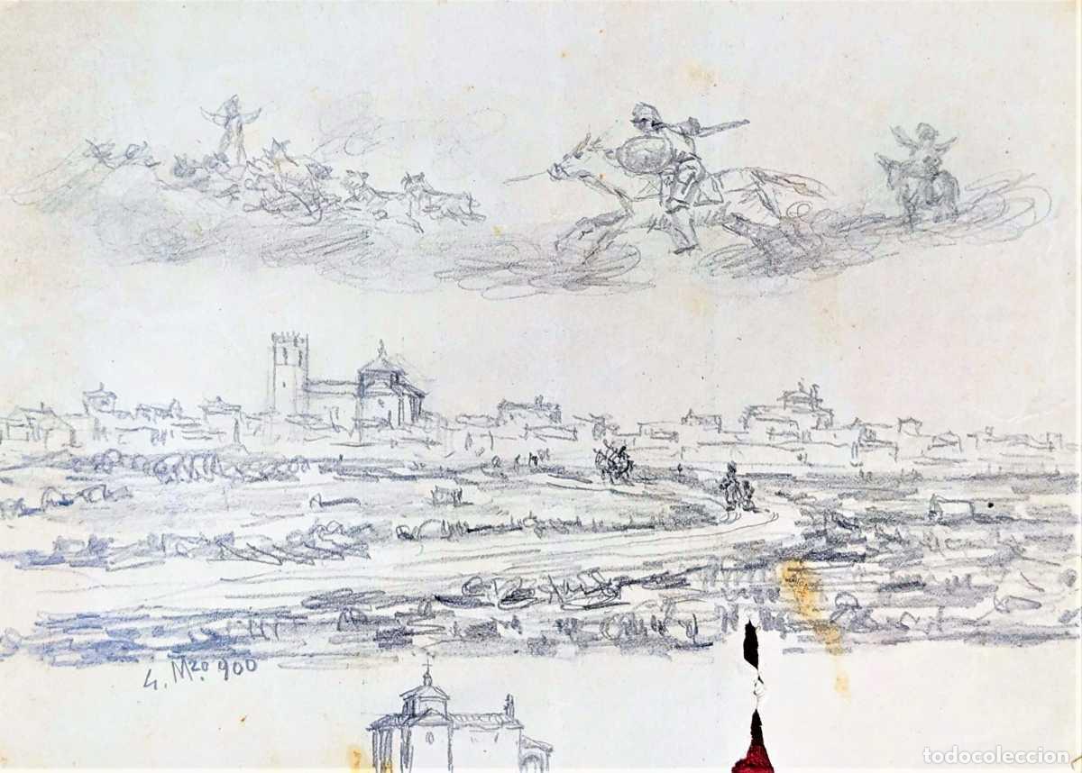 Kunst: EL QUIJOTE Y SANCHO. DIBUJO. GRAFITO. JULI&Aacute;N DEL POZO (?). ESPA&Ntilde;A. 1900