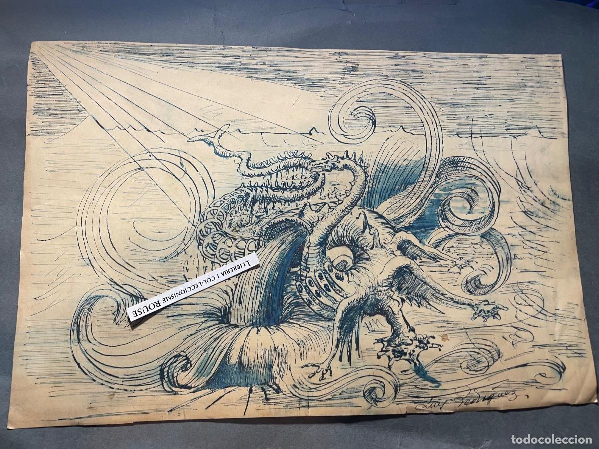 Arte: LUIS RODRIGUEZ - ANTIGUO DIBUJO A&Ntilde;OS 50/60 DIBUJO A TINTA DE UN DRAGON - 36X24 CM. ESTADO EL QUE SE