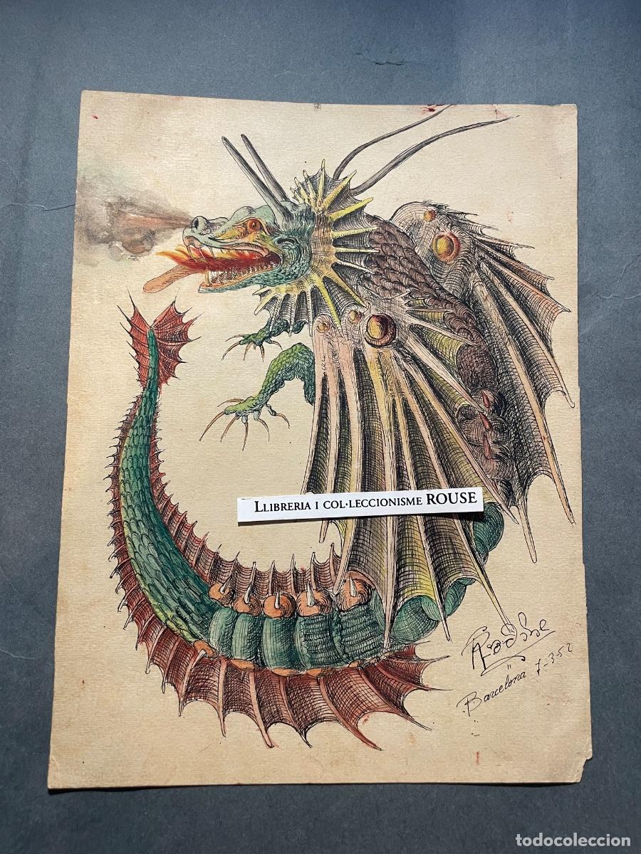 Arte: ANTIGUO DIBUJO A TINTA Y ACUARELADO - DRAGON FANTASTICO , FIRMADO RADOBRE.. ???? BARCELONA 7-3-52