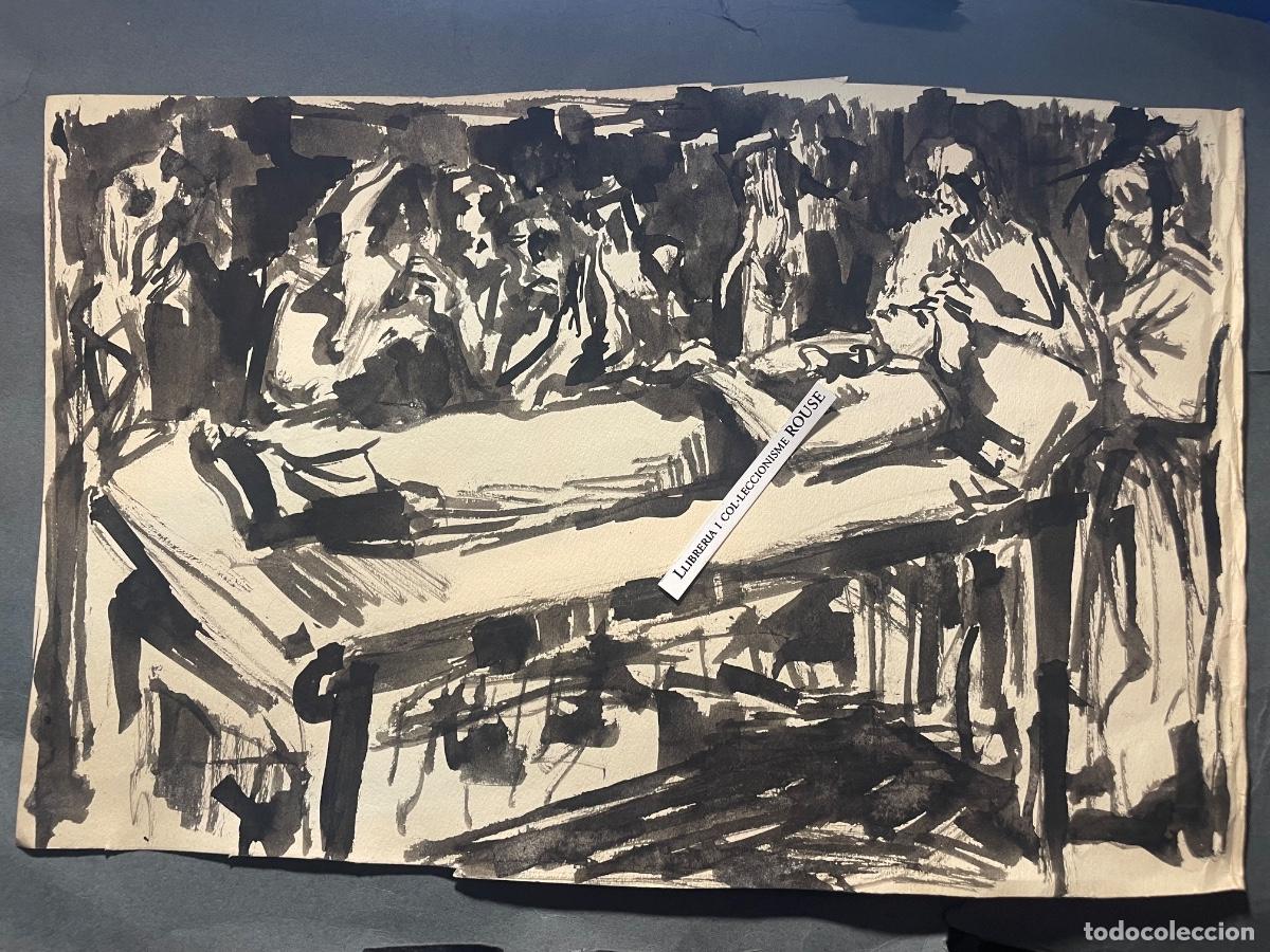 Arte: ANTIGUO DIBUJO A TINTA SOBRE PAPEL - ESCENA DE UN DIFUNTO QUIZAS HACIENDOLE UNA AUTOPSIA . VELANDO