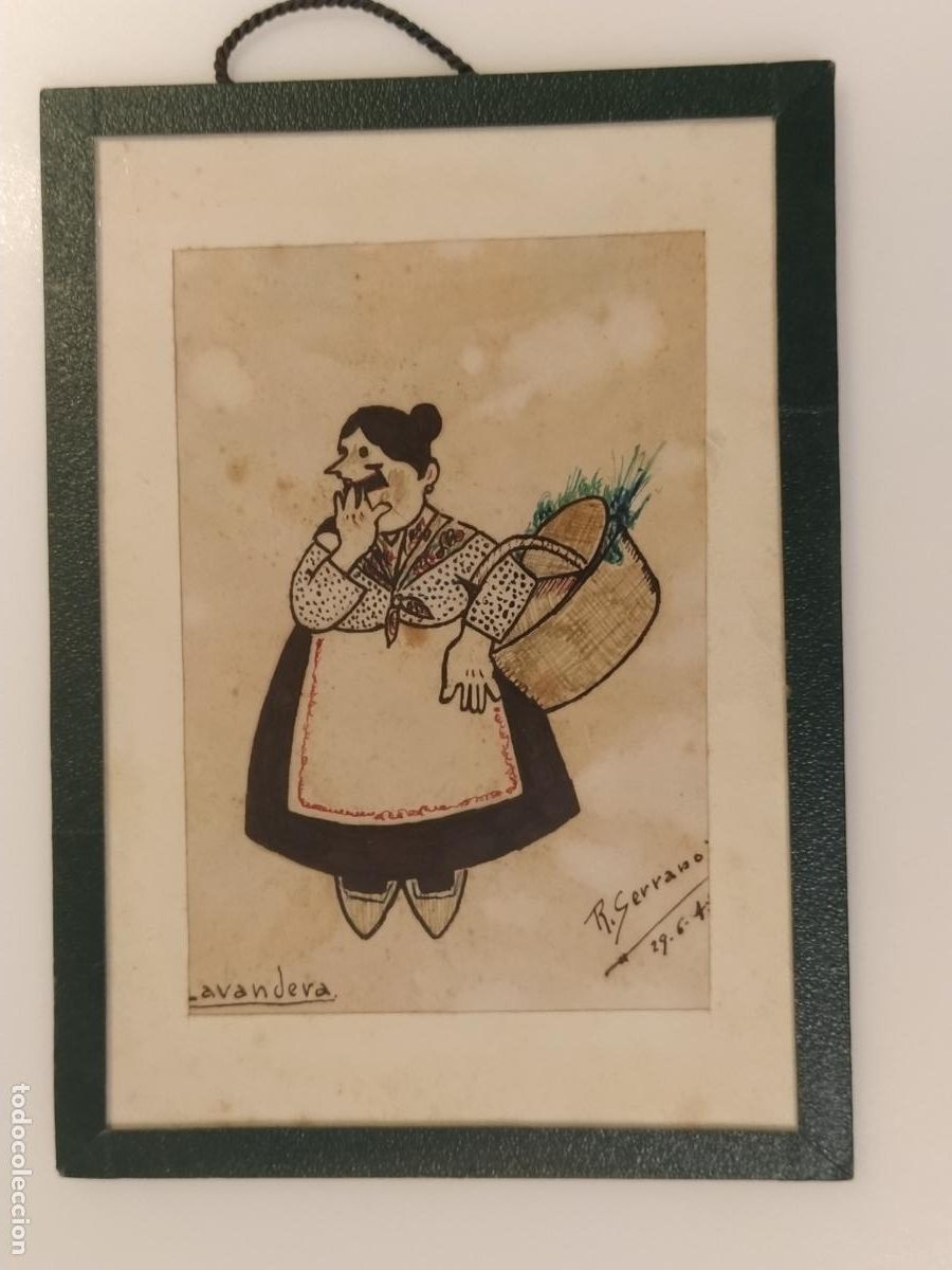 Arte: LA LAVANDERA - DIBUJO ORIGINAL A MANO FIRMADO POR R. SERRANO - ENMARCADO -VER FOTOS