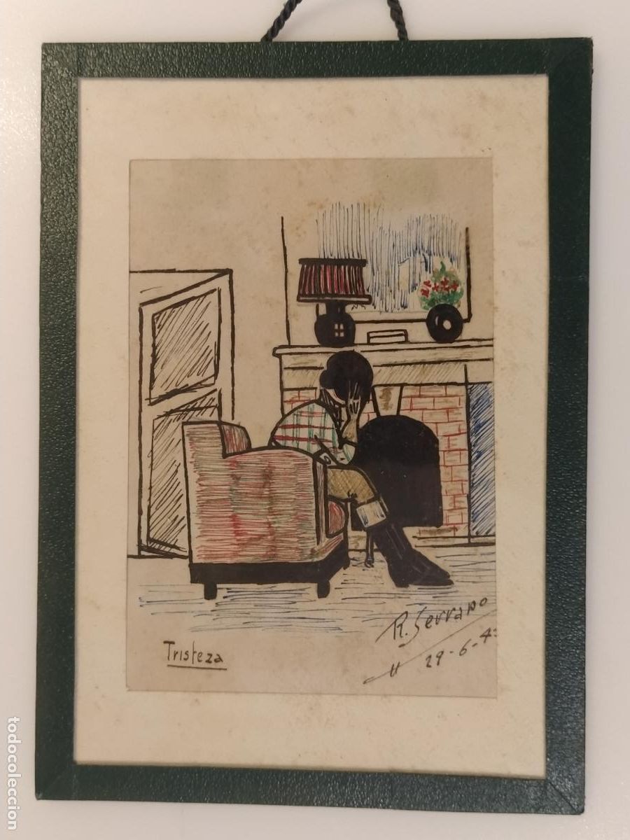 Arte: LA TRISTEZA - DIBUJO ORIGINAL A MANO FIRMADO POR R. SERRANO - ENMARCADO -VER FOTOS