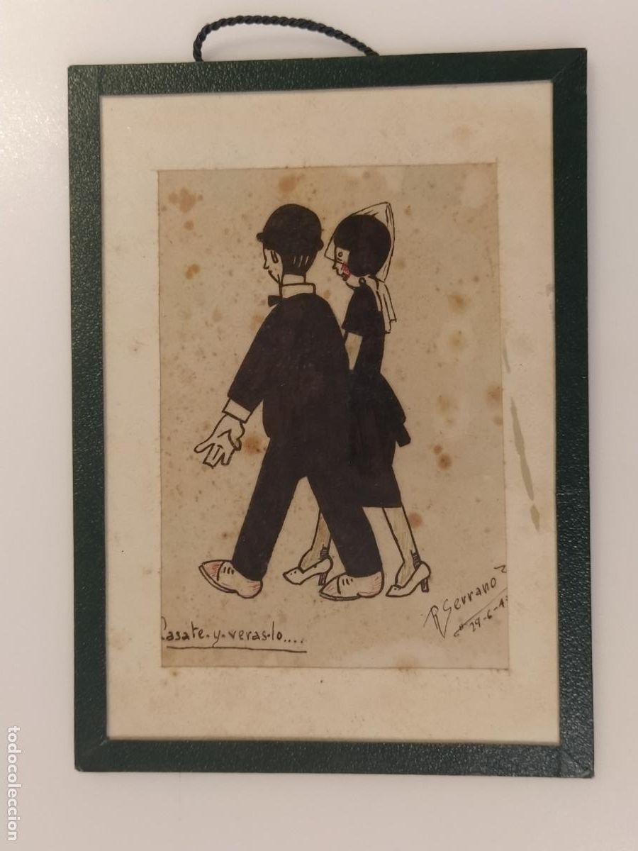Arte: RECIEN CASADOS - DIBUJO ORIGINAL A MANO FIRMADO POR R. SERRANO - ENMARCADO -VER FOTOS