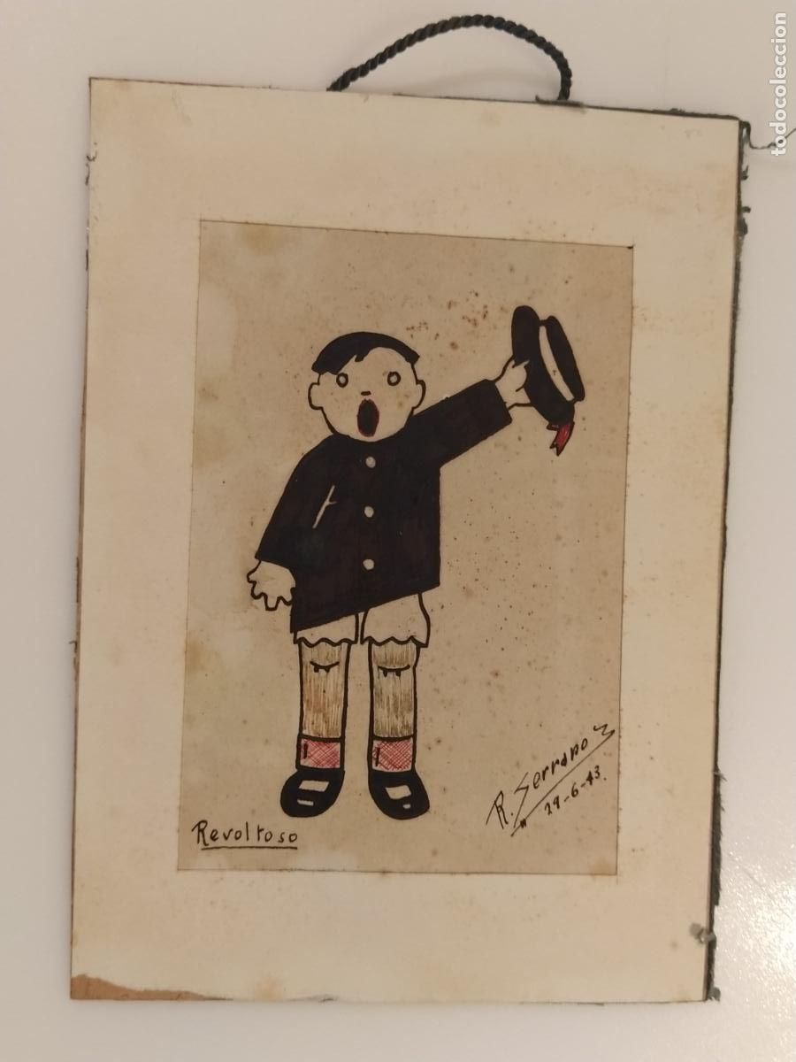 Arte: EL NI&Ntilde;O REVOLTOSO - DIBUJO ORIGINAL A MANO FIRMADO POR R. SERRANO - ENMARCADO SIN CRISTAL -VER FOTOS