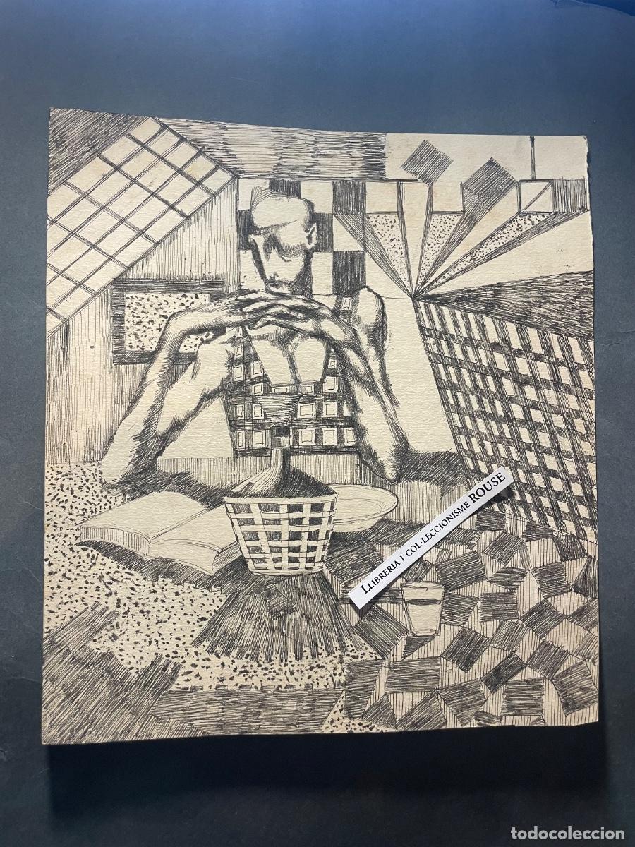 Arte: ANTIGUO DIBUJO A TINTA SOBRE PAPEL A&Ntilde;OS 50/60 PERSONAJE FRENTE A LIBRO , PLATO Y GARRAFA - DESCONOCE